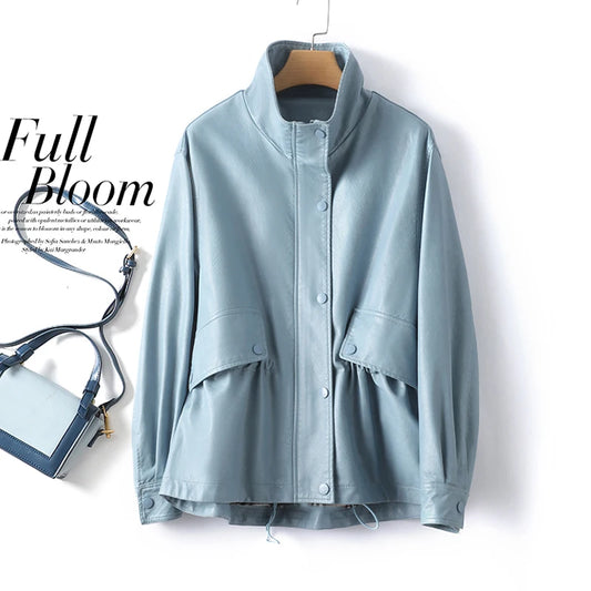 M-3XL Fashion Stand Collar Shrink Waist Sheepskin Jackets 2024 Fall Casual Loose Female Zipper Covered Button Split Leather Coat