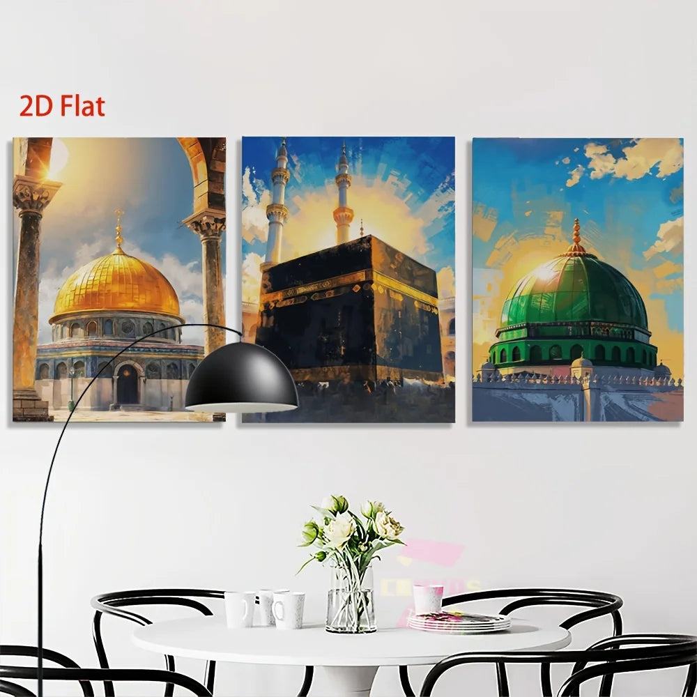 3pcs Muslim Religious Style Islamic Holy Sites Poster Print Al-Qaba Mosque with Gold-Plated Dome Decorative Canvas Art Eid Gift