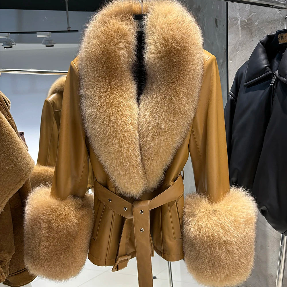 YOLOAgain Real Fox Fur Collar Genuine Leather Jacket Women