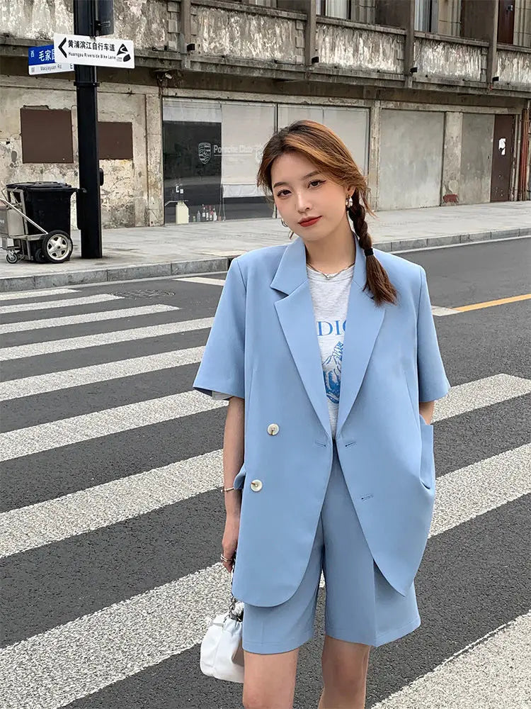 Pant Suits 2025 Spring and Summer Thin Casual Loose Short Sleeved Suit Jacket Women Suit Two-piece Set