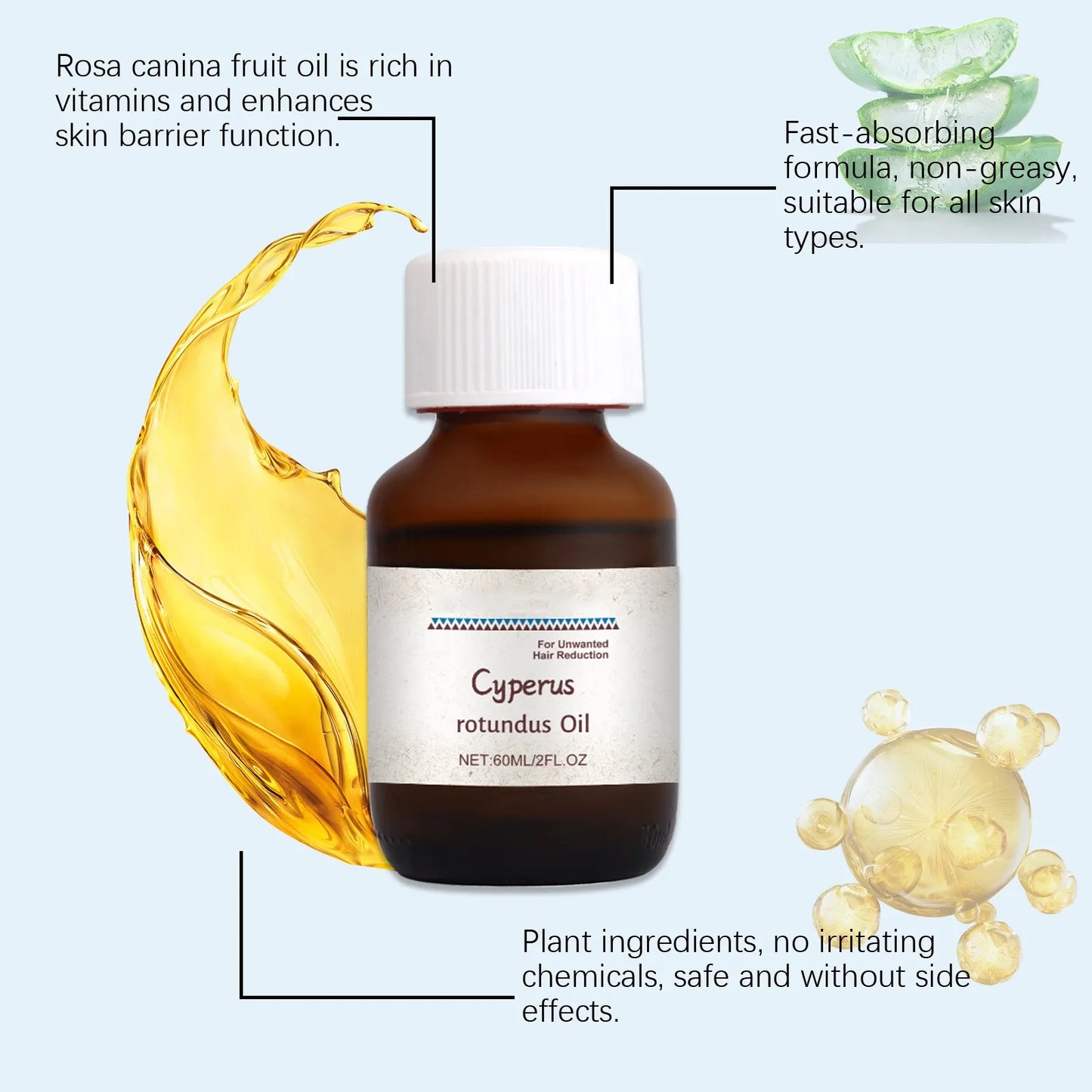 60ml Cyperus Rotundus Hair Removal Care Oil Cyperus Rotundus Plant Oil Body Moisturizing Nourishing Hair Removal Body Care Oil