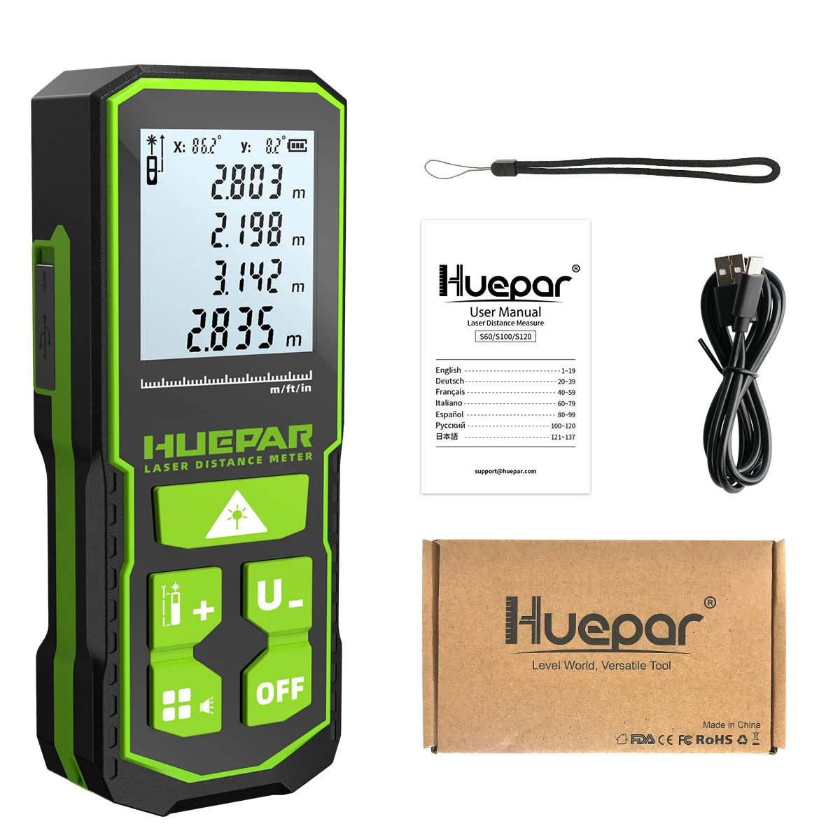 Huepar Digital Green Laser Distance Meter 60M 100M 120M Laser Tape Measure Rangefinder With LCD Angle Sensor Measuring Tools