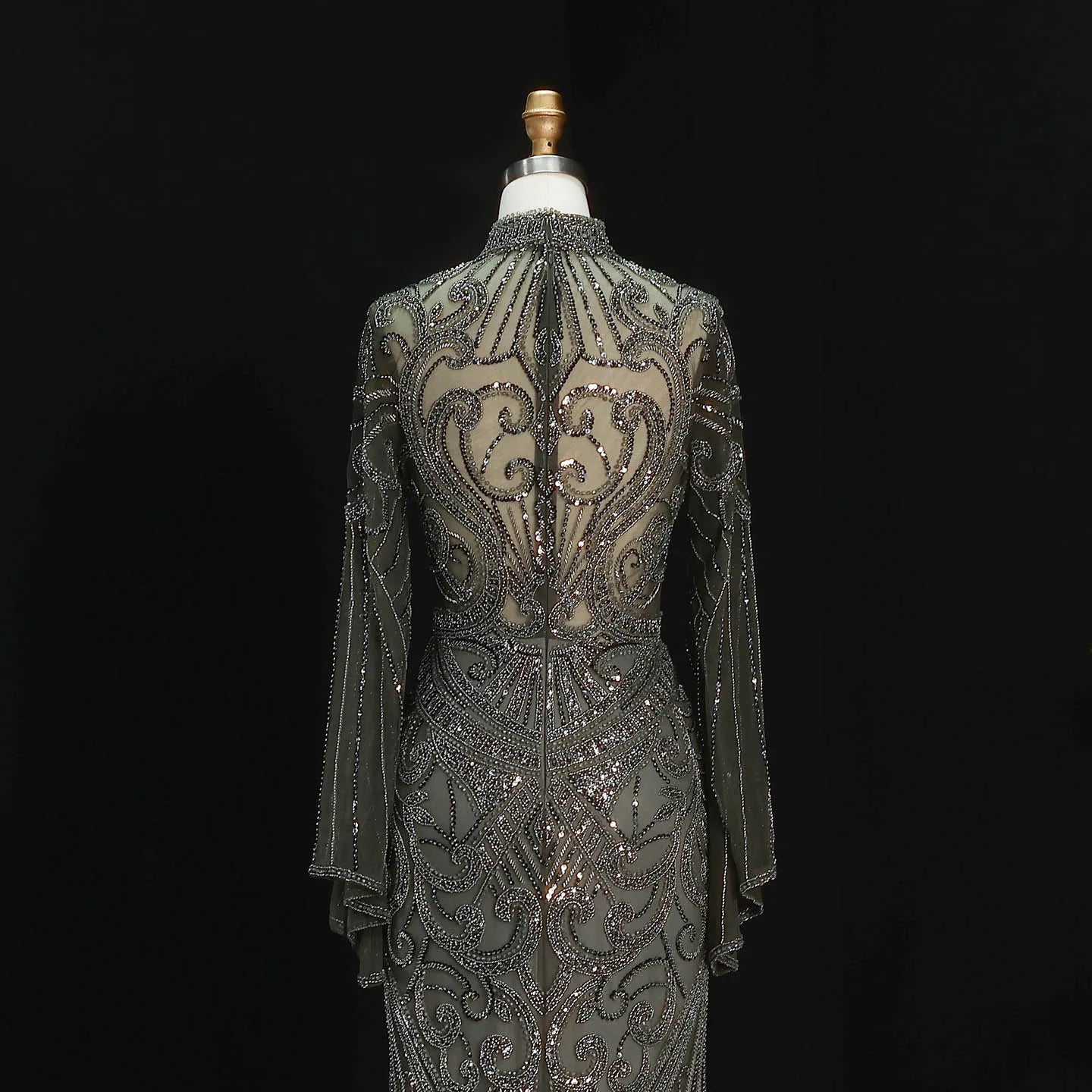 Sharon Said Dubai Black Evening Dress Geometric Beaded Pattern Long Flare Sleeve شارون سعيد Women Formal Prom Gown SS055 Custom