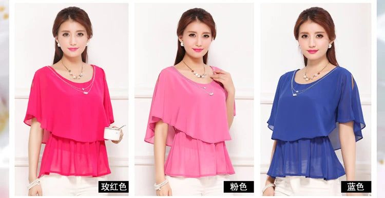 2025 Women Summer Tops Blouse Fashion Elegant Ruffle Batwing Sleeves Chiffon Shirt Loose Casual Clothing blusas mujer de moda