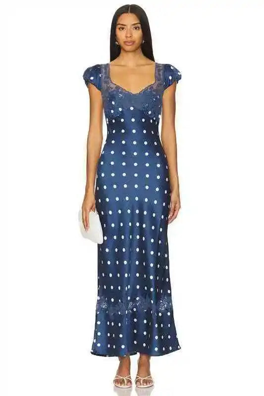 Luxurious Silk Satin Long Dress Elegant Puff Sleeve Polka Dot Floral Gown Sexy Open Back Midi Dresses for Evening Cocktail