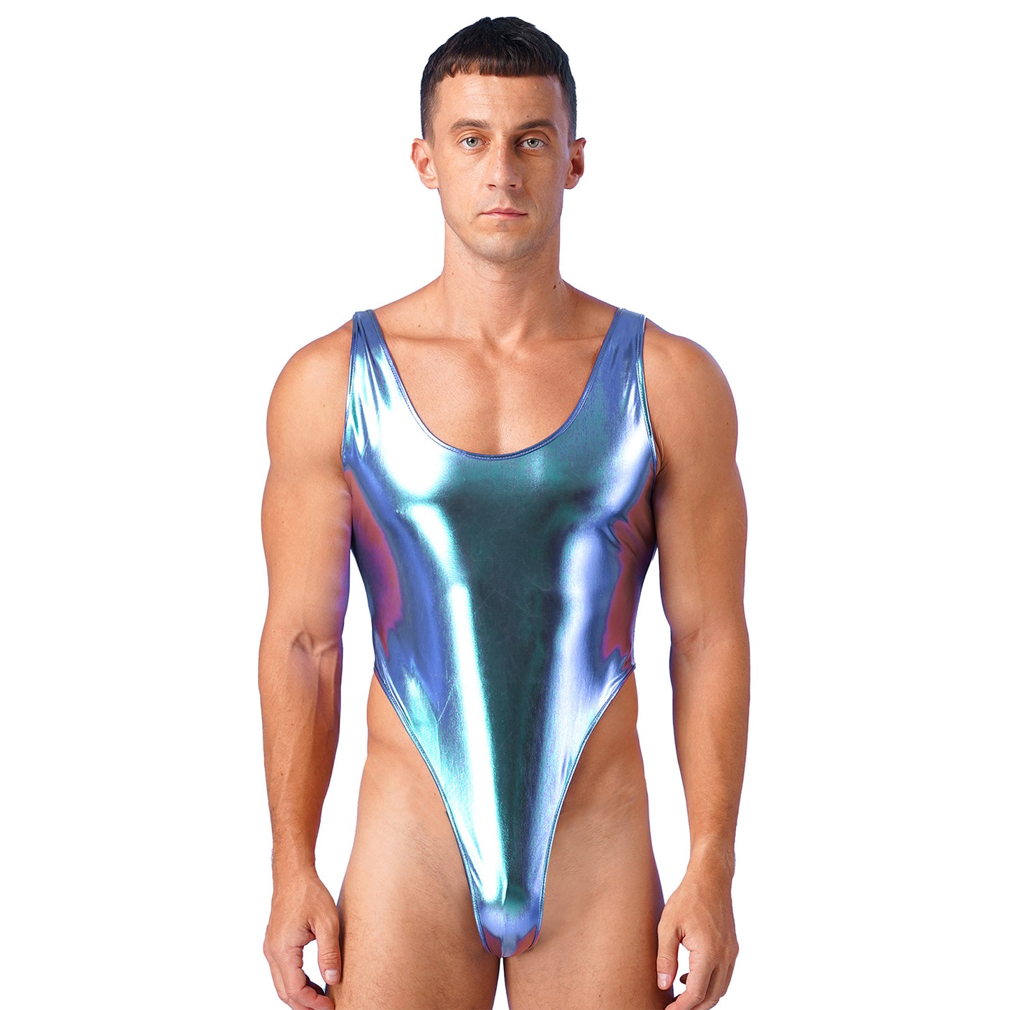 Mens Glossy Bodysuit Fashion One-piece Swimsuit Sleeveless High Cut Wetlook Faux Leather Stretch Leotard Unitard Bathing Suit