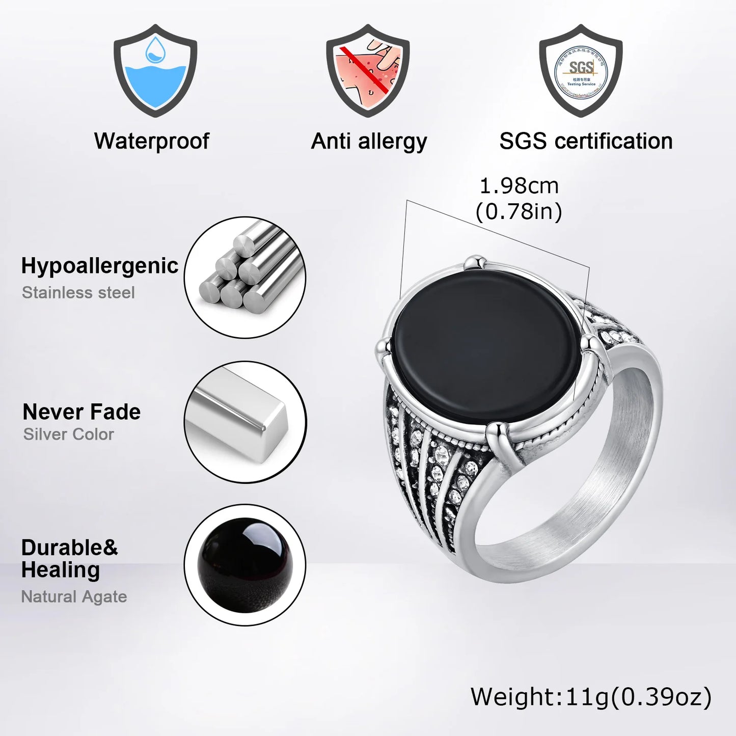 Geometric Turquoise Tiger Eyes Natural Stone Ring for Men, Chunky Stainless Steel Signet Rings, Fashion Punk Finger Jewelry Gift