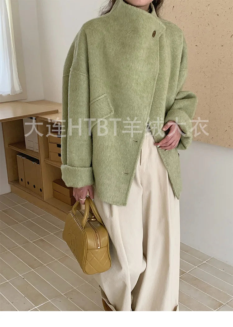 New Winter Short Woolen Coat Fashion Causal Warm Mulberry Silk Lapel Double-sided Wool Coat Loose Suit Jacket Female Tide Autumn