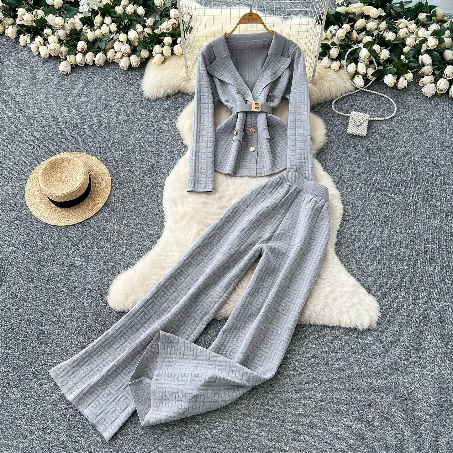 Pant Set Women Two Piece Sets Turn Down Collar Full Sleeve Tops Wide Leg Long Pants High Elastic Waist Y2k Streetwear Elegant