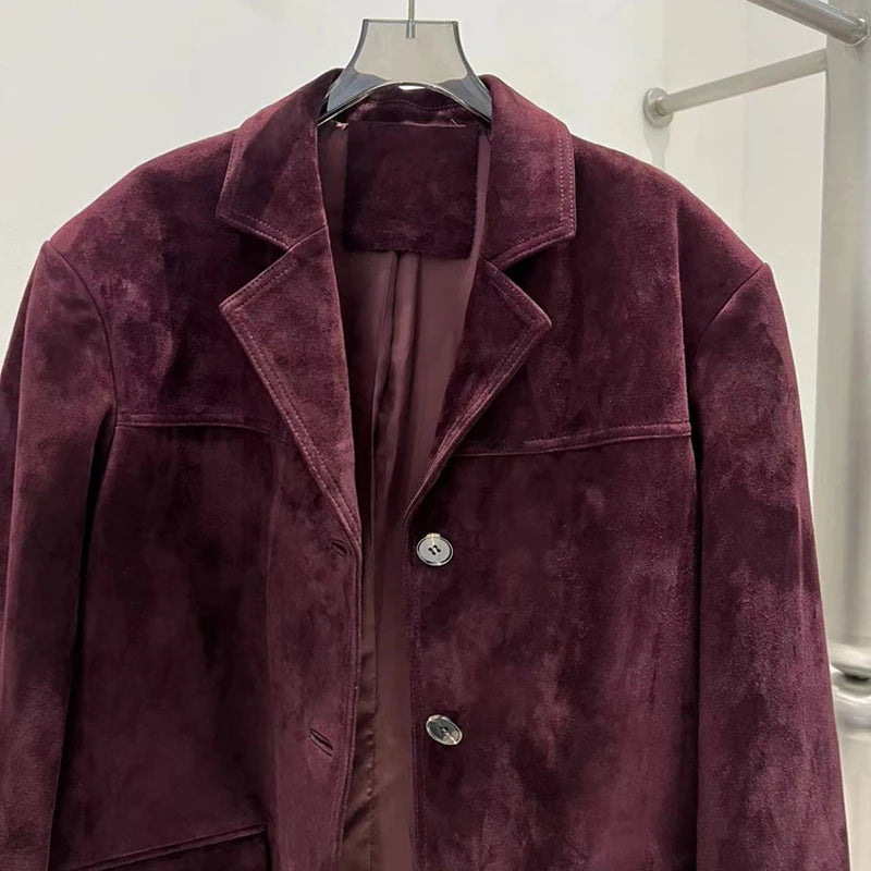 French High-end Western-style Leather Jacket for Women 2025 New Color Purple Red Oversized Casual Kid Suede Suit Blazer Outwears