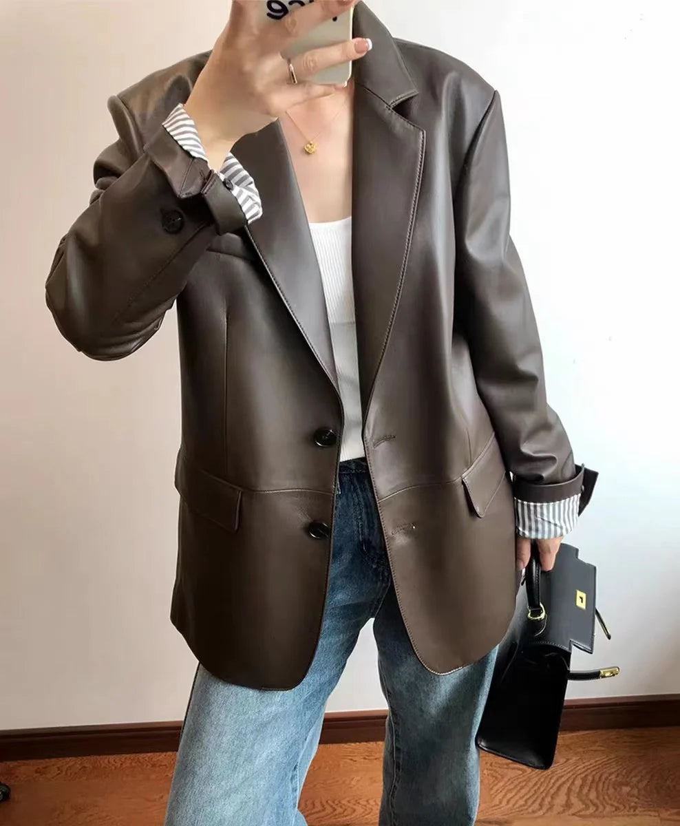 European American Streetwear Leather Jacket For Women Chic Loose Fit Suit Coat Female Flip Pocket Two Bottons White Blazer Mujer