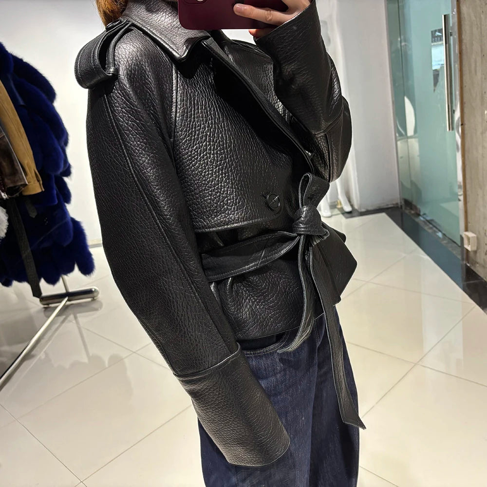 YOLOAgain Real Leather Jacket Women Burgundy Grain Leather Jacket With Belt