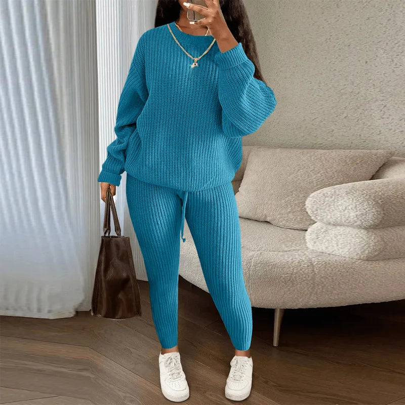 Fashion Casual Knitted Suits Long Pants Suits Women's Woolen Suits New Fashion Elegant Casual Solid Two Piece Outfits Woman