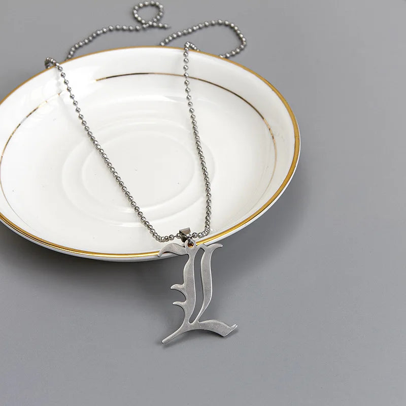 Anime Death Note L Lawliet Necklace Stainless Steel Old English Letter Pendant Beads Chain Necklaces Cosplay Jewelry Gift