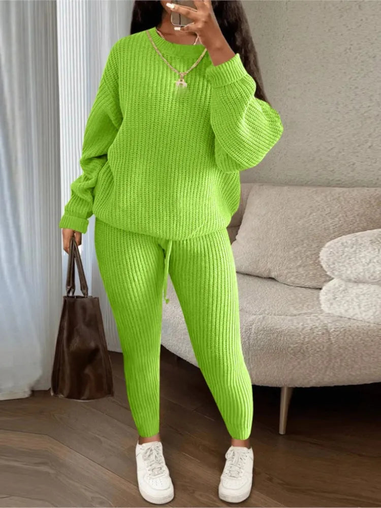 Fashion Casual Knitted Suits Long Pants Suits Women's Woolen Suits New Fashion Elegant Casual Solid Two Piece Outfits Woman