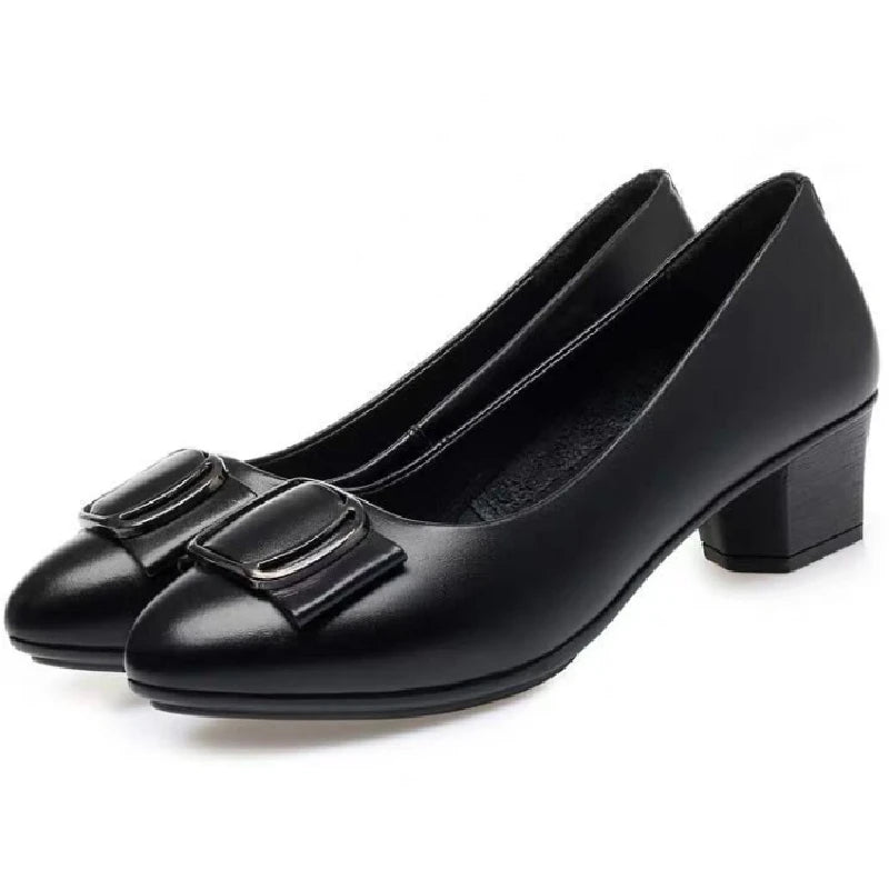 2025 Spring/Autumn New Women's Office Loafers, Soft Leather Medium Heel Non-slip Flat Shoes for Daily Wear