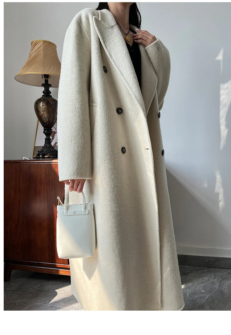 Office Lady Woolen Jackets 2024 Autumn And Winter Suit Collar Double Breasted Warmer Yak Hair Loose Long Women's Wool Coats