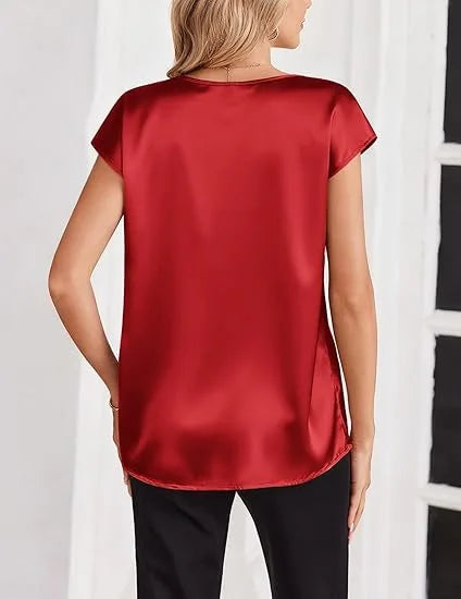 Women's Summer New T-shirt Casual V-Neck Short Sleeve Blouse Business Casual Tops Satins Silk Summer Shirt Work Solid Color Tops