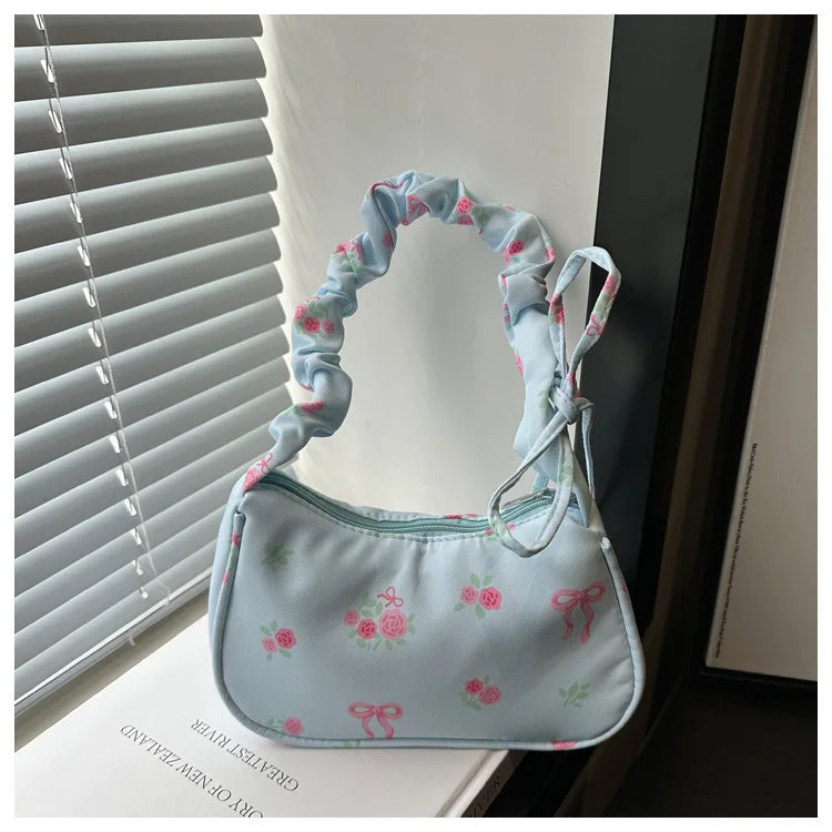 Women's Bags 2025 Summer Nylon Pleated Handbags Armpit Bag Korean Floral Bow Printed Zipper Tote Bag Female Small Shoulder Bags