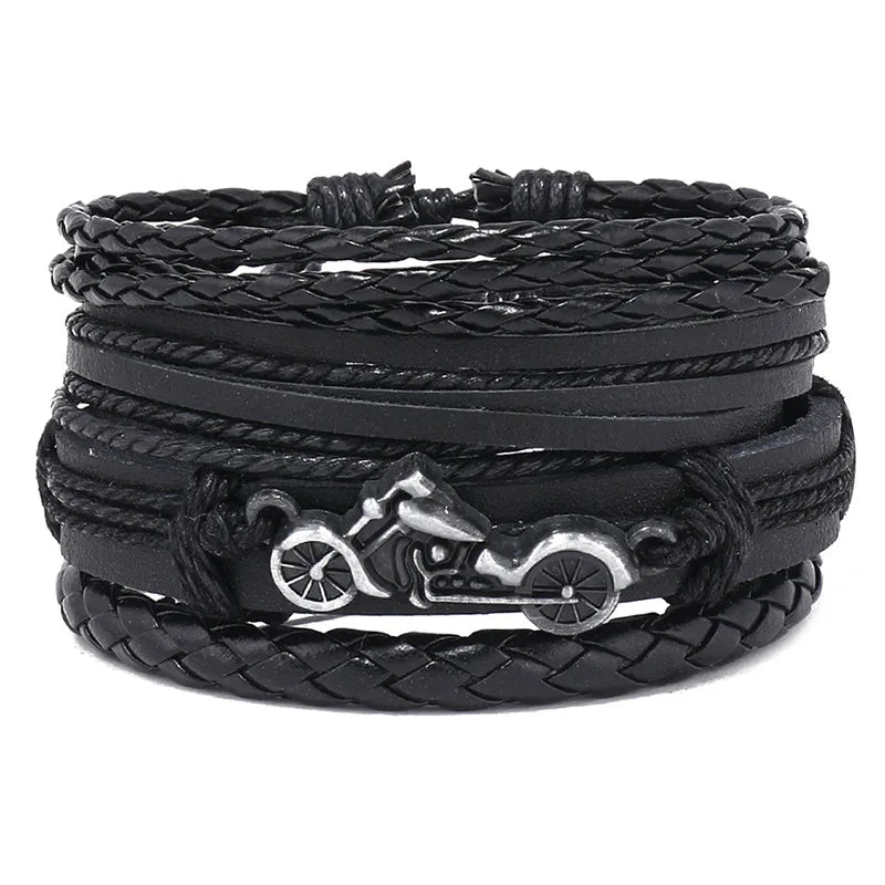 Fashion Bracelet For Men Hand Bangles Woven Alloy Motorcycle Hand Jewelry Adjustable Leather 4Pcs/Set Bracelet For Leather