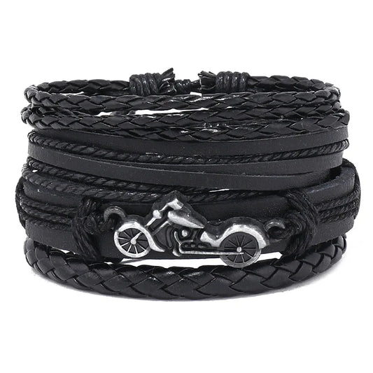 Fashion Bracelet For Men Hand Bangles Woven Alloy Motorcycle Hand Jewelry Adjustable Leather 4Pcs/Set Bracelet For Leather