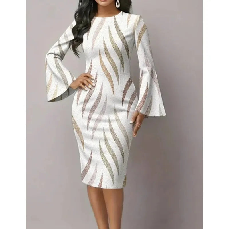 Elegant Night Out Dress Black White Graphic Print Bodycon Midi Dress with Dramatic Flare Sleeves Modern Dress for City Night Out