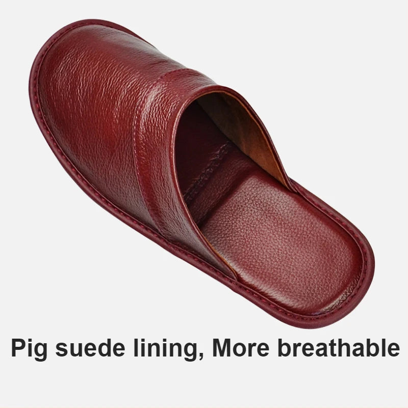 Genuine Cow Leather Slippers Homes in indoor slipper Spring Autumn summer men women elderly non-slip casual single Slides shoes