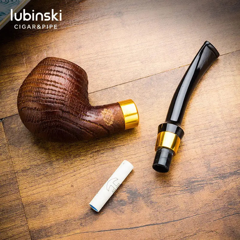 Oak Wood Sandblasted Tobacco Pipe with Gold Silver Band 9mm Filter Straight Bent Smoking Pipe for Men Gift Accessories