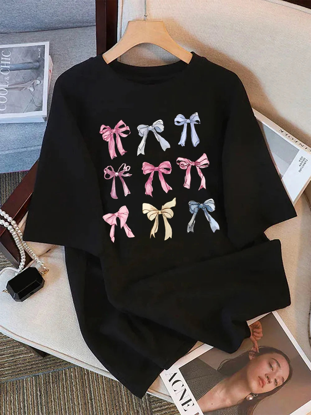 Summer T-Shirts Cotton Womens Colorful Bow Tie Printing Short Sleeve Comfortable Soft O-Neck Tops Holiday Casual Womans Clothes
