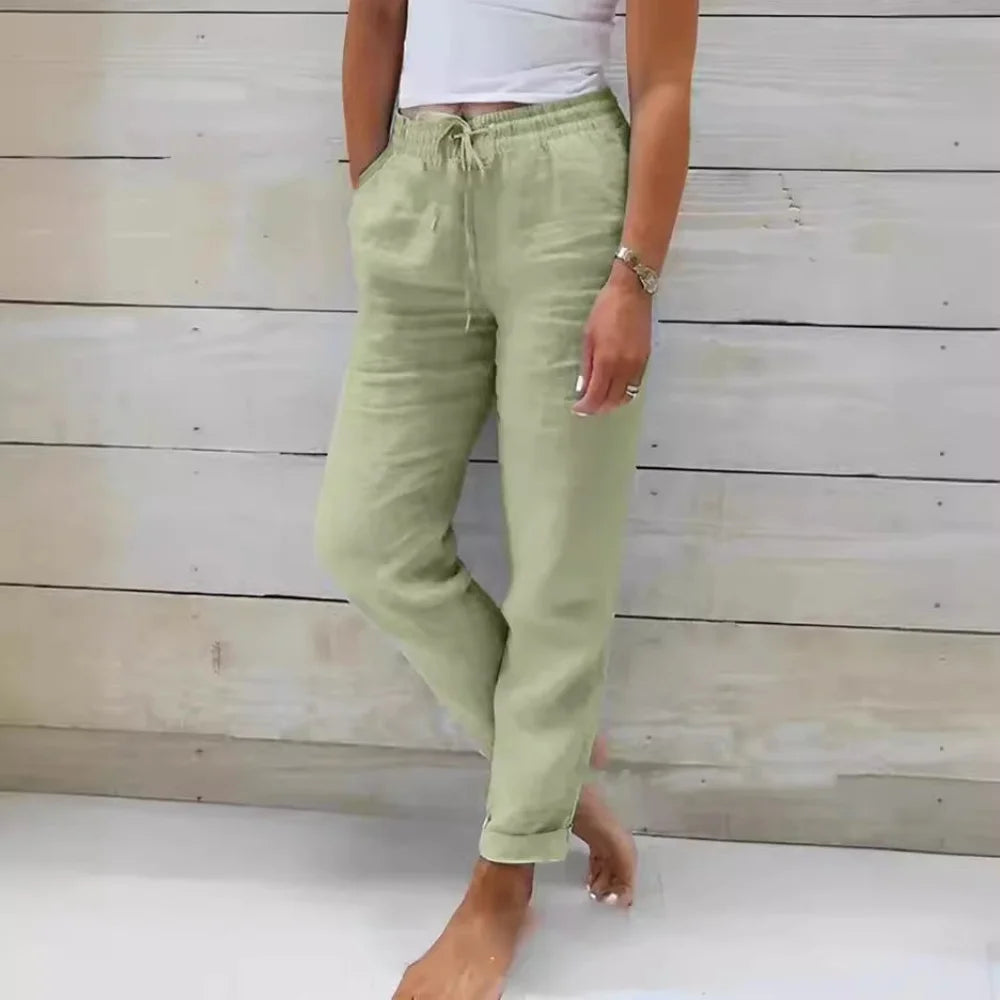Cotton Linen Pants For Women Fashion Streetwear Elegant Summer Casual Solid Color Trousers High Waist Elastic Straight Pants