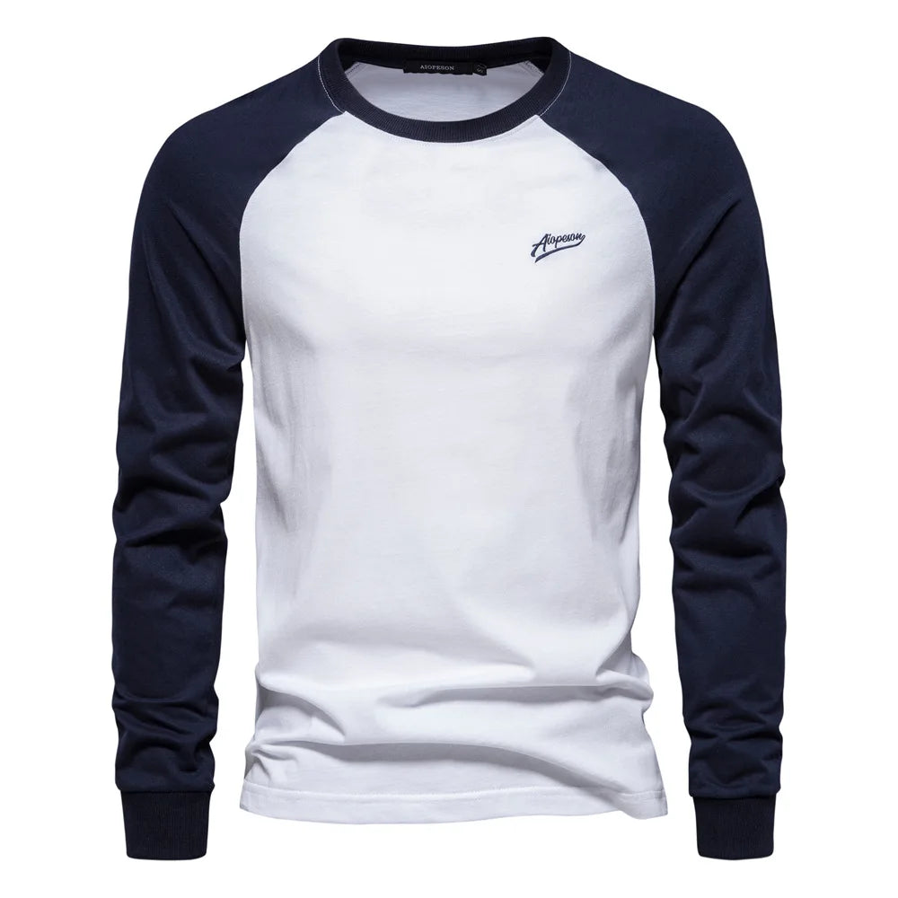 New 100% Cotton Men T-shirts Long Sleeve Splicing Tops Spring Autumn Casual Streetwear O-neck Slim Tees Men's Bottom T-shirt