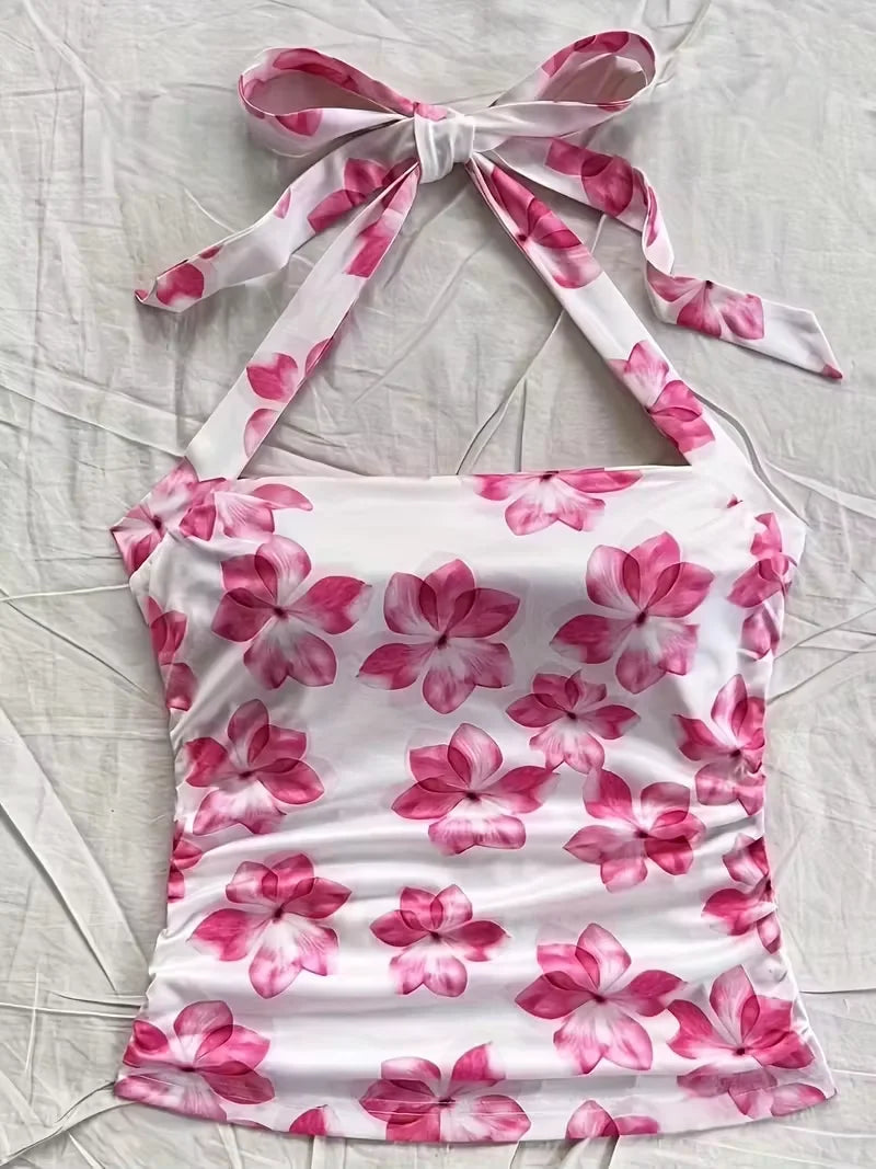 Women's summer short top, pink floral camisole vest, suitable for vacation style girls