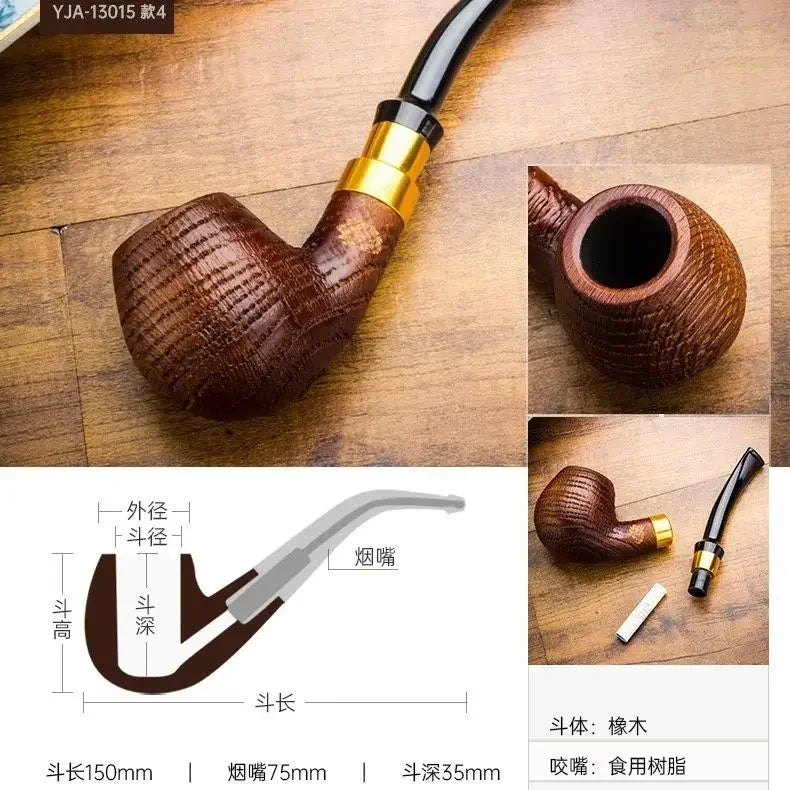 Oak Wood Sandblasted Tobacco Pipe with Gold Silver Band 9mm Filter Straight Bent Smoking Pipe for Men Gift Accessories