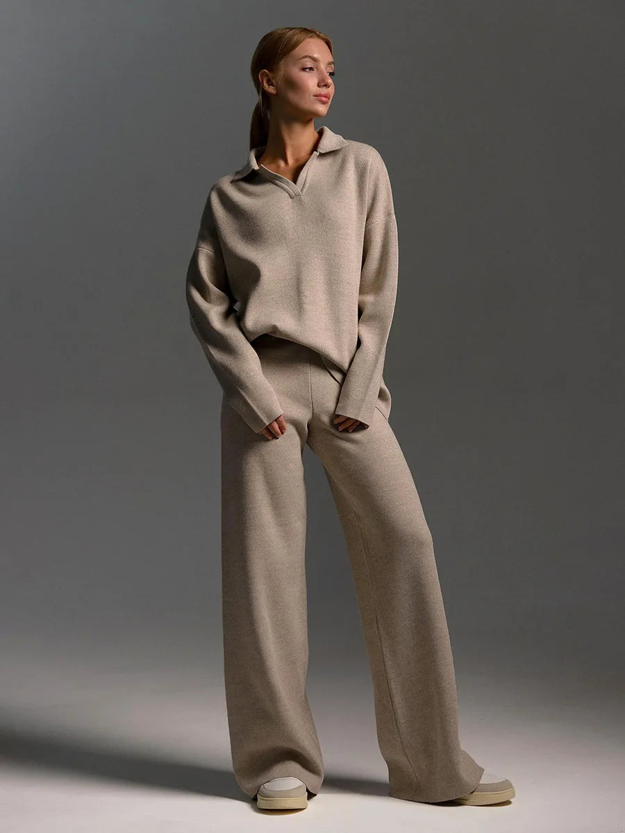 Sumuyoo Winter Thick Women Knitted Suits Cashmere Soft 2 Pieces Sets Female Polo Neck Sweater & Wide Leg Pants Knitted Outfit
