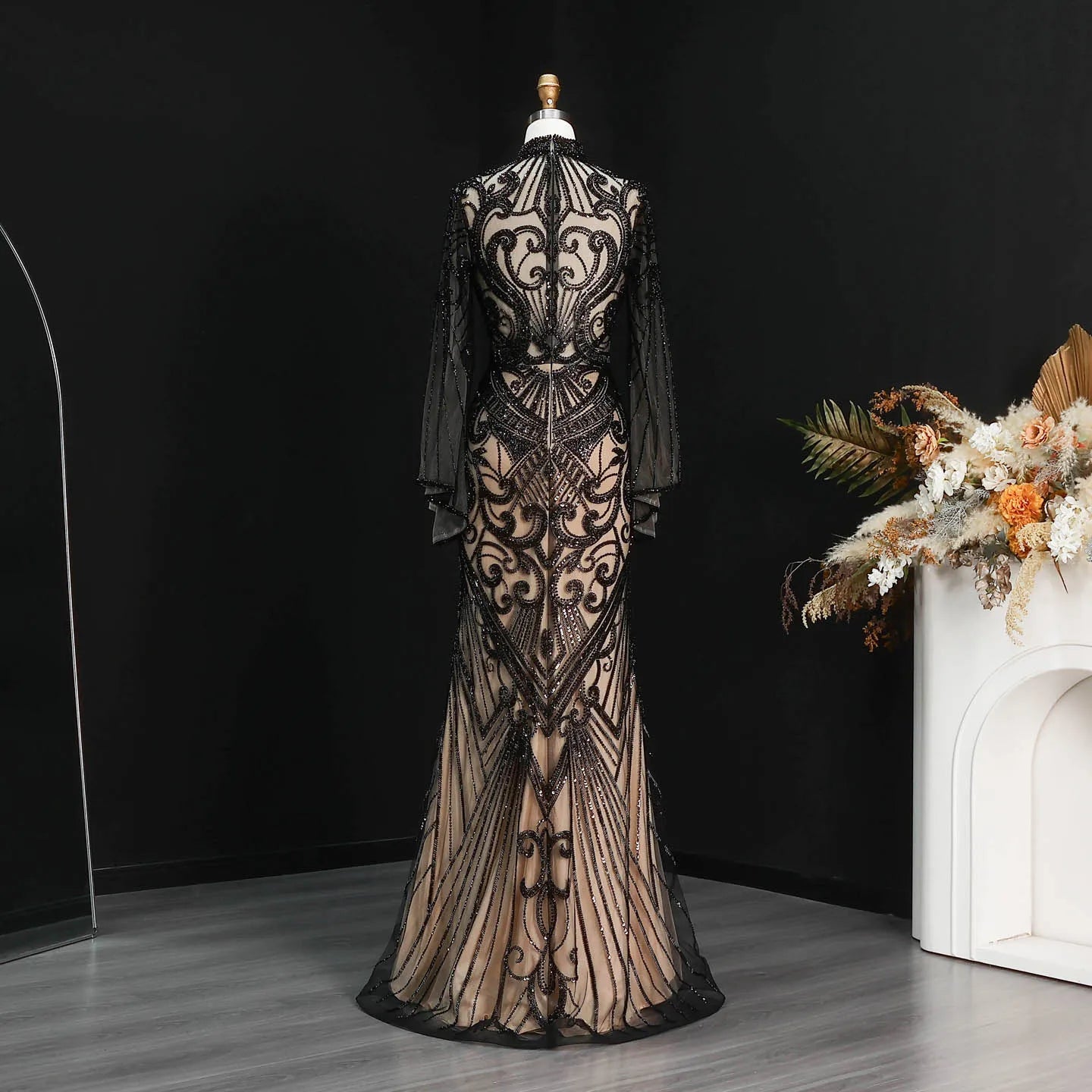 Sharon Said Dubai Black Evening Dress Geometric Beaded Pattern Long Flare Sleeve شارون سعيد Women Formal Prom Gown SS055 Custom