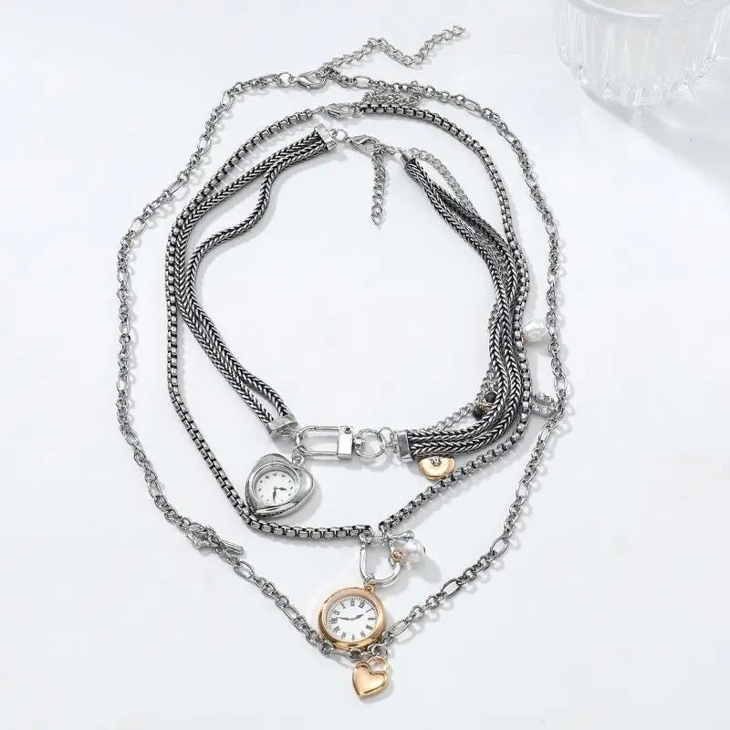 Necklace with Fashion Pin, Button Key, Heart Pendant for Women; Bohemian Multi-Strand Clavicle Chain Accessory