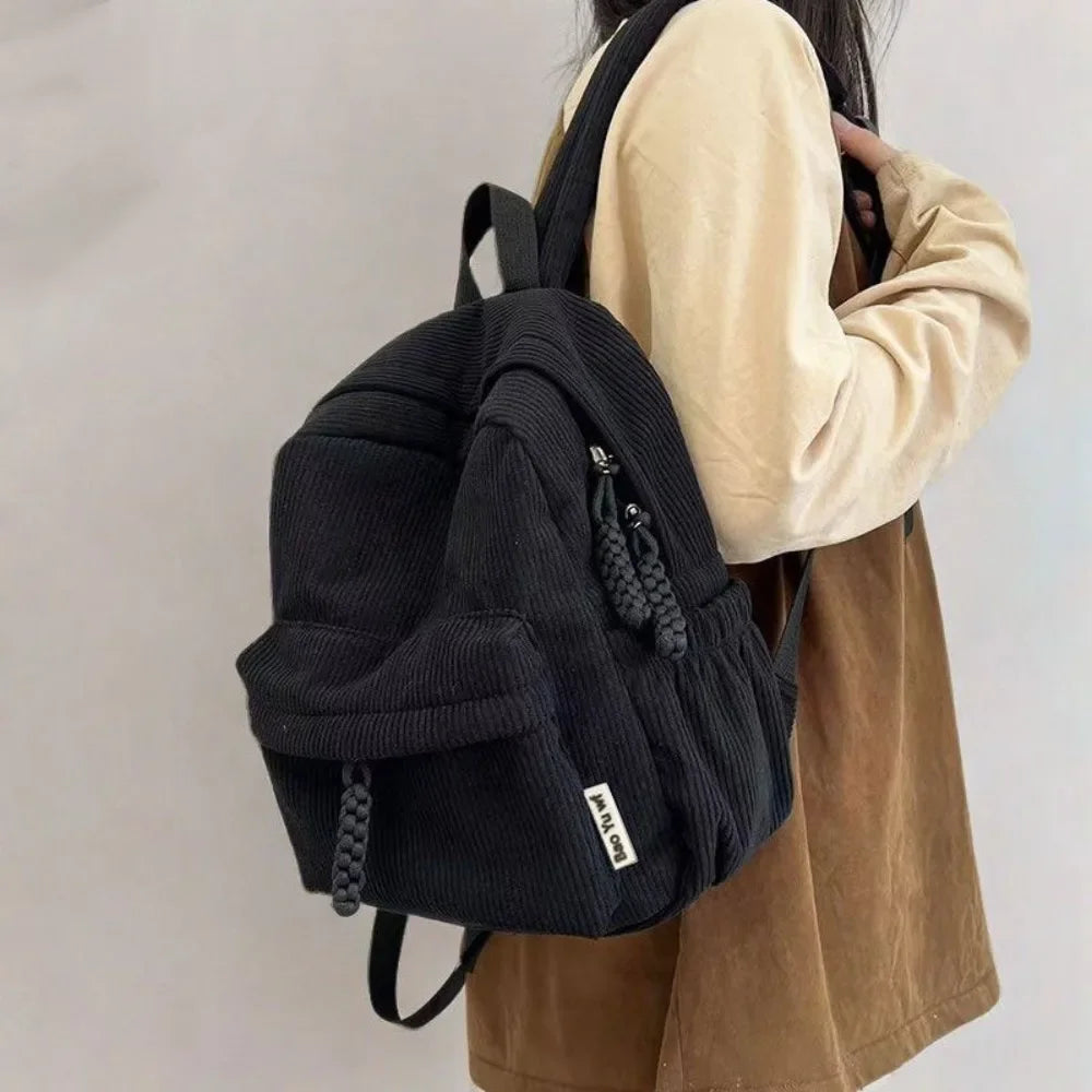 Backpack Solid Color Corduroy Backpack Handbag Rucksack Small School Bags Commuting Simple Student Book Bags Autumn Winter