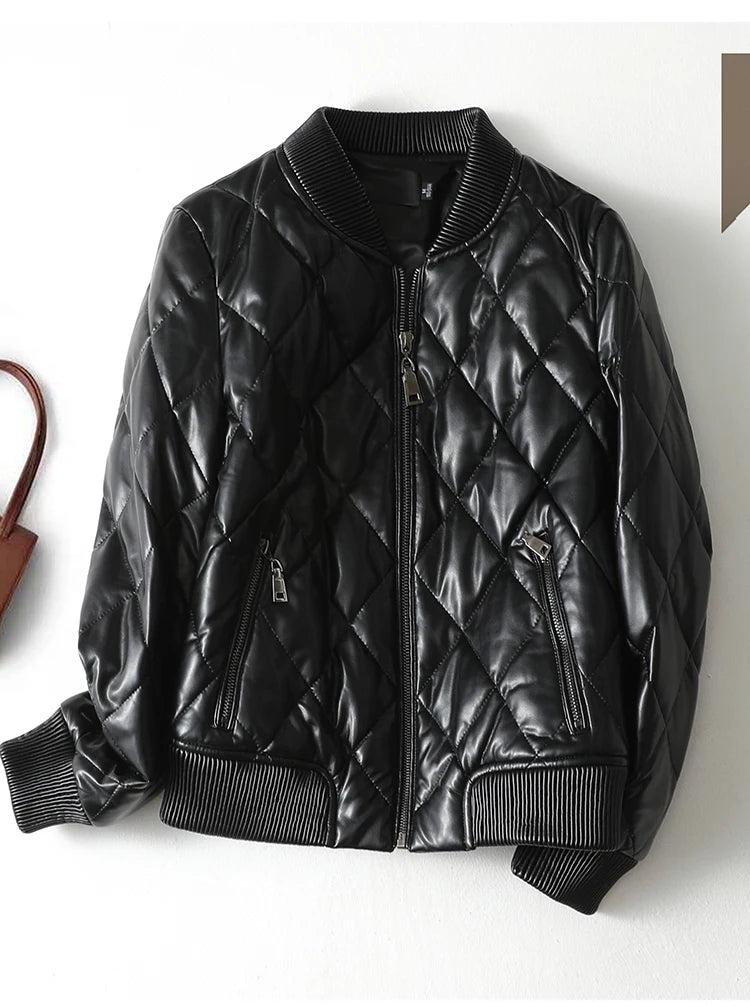 Julypalette 90% White Duck Down Real Sheepskin Jackets Black Casual Women Winter Zipper Lambskin Leather Warm Coats Size M-5XL