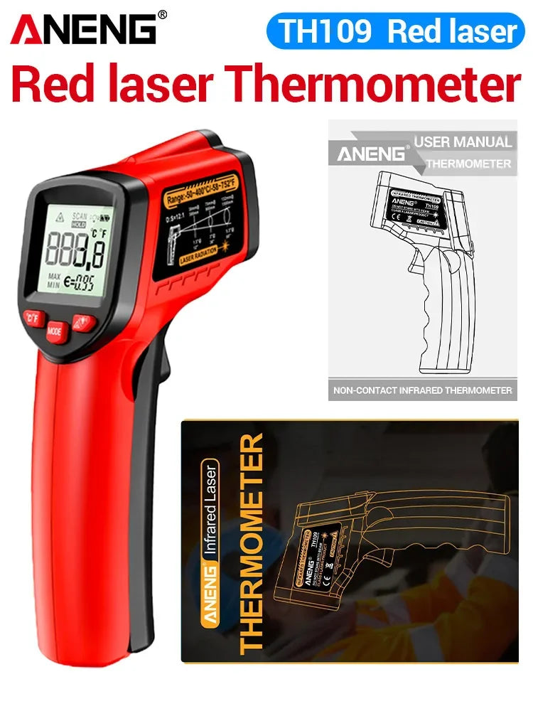 ANENG TH109 Red Laser Thermometer Object Distance Ratio12:1 Non-contact  Temperature Meter -50~400℃  Pyrometer Tester Hygrometer