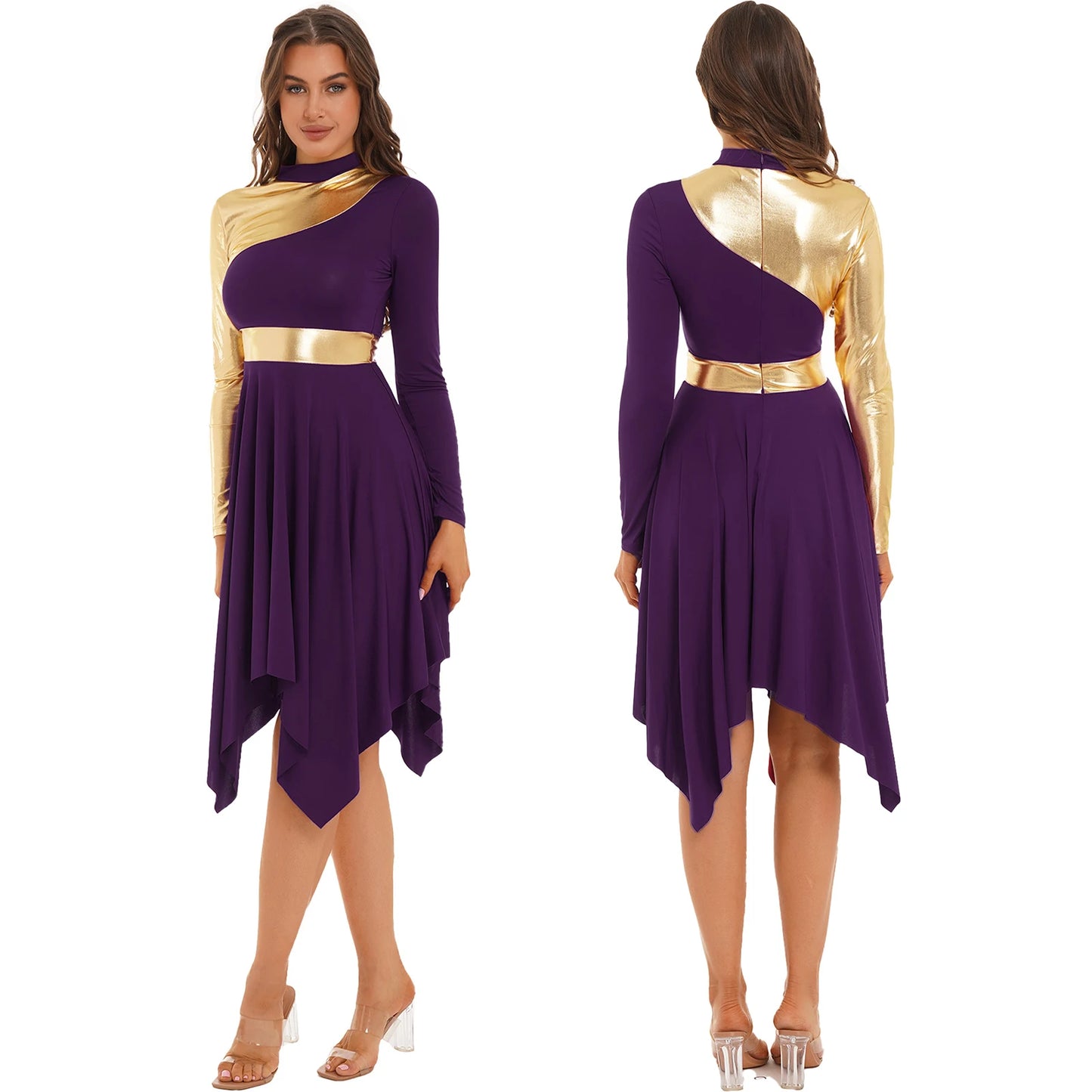 Women Modern Lyrical Dance Dress Waltz Ballroom Performance Costume Church Choir Worship Gown Long Sleeve Shiny Dancewear