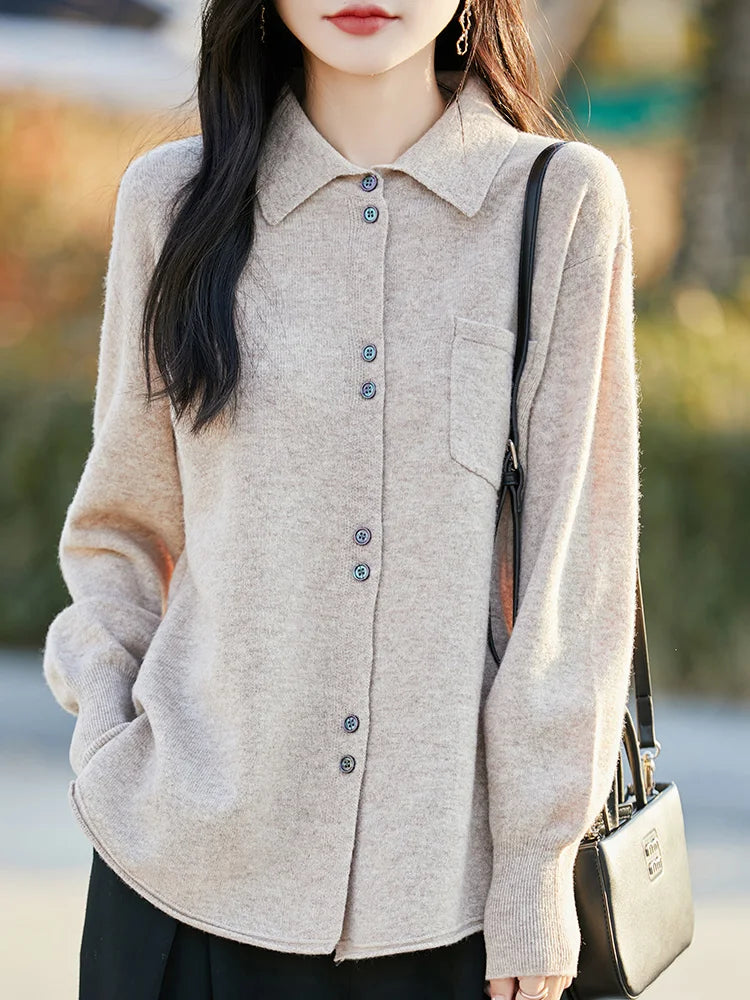 POLO Collar Wool Sweater 100 Pure Wool Spring And Autumn New Knitted Women Loose And Slimming Cardigan ZA682