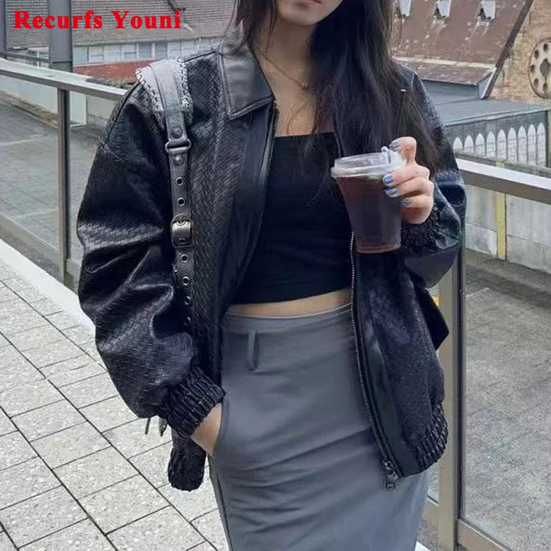 High-fashion Women Clothing 2025 New In Hand Knitting 100 % Leather Jacket Feminina Streetwear Burgundy Dropped Shoulder Coat