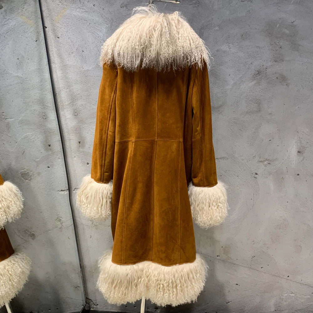 Suede Coat Fur Collar Women Autumn Genuine Sheepskin Coat Long with Mongfolian Fur Trim