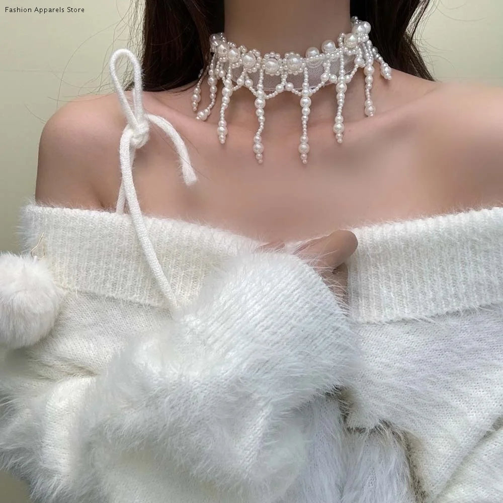 Neck Pendant White Pearl Lace Choker Alloy Creative Tassel Beads Necklace French Style Collarbone Chain Mesh Neck Jewelry Women