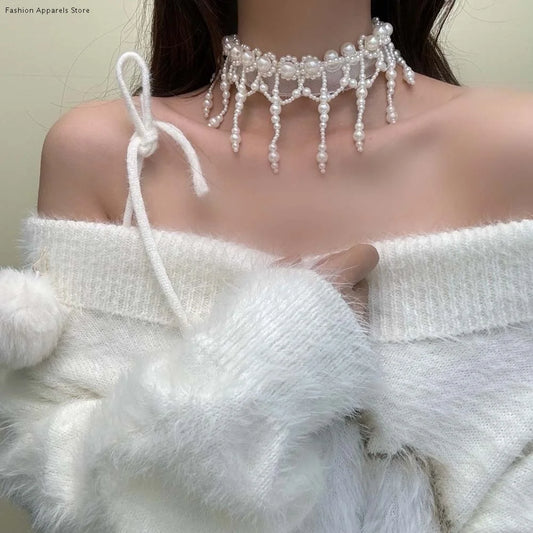 Neck Pendant White Pearl Lace Choker Alloy Creative Tassel Beads Necklace French Style Collarbone Chain Mesh Neck Jewelry Women