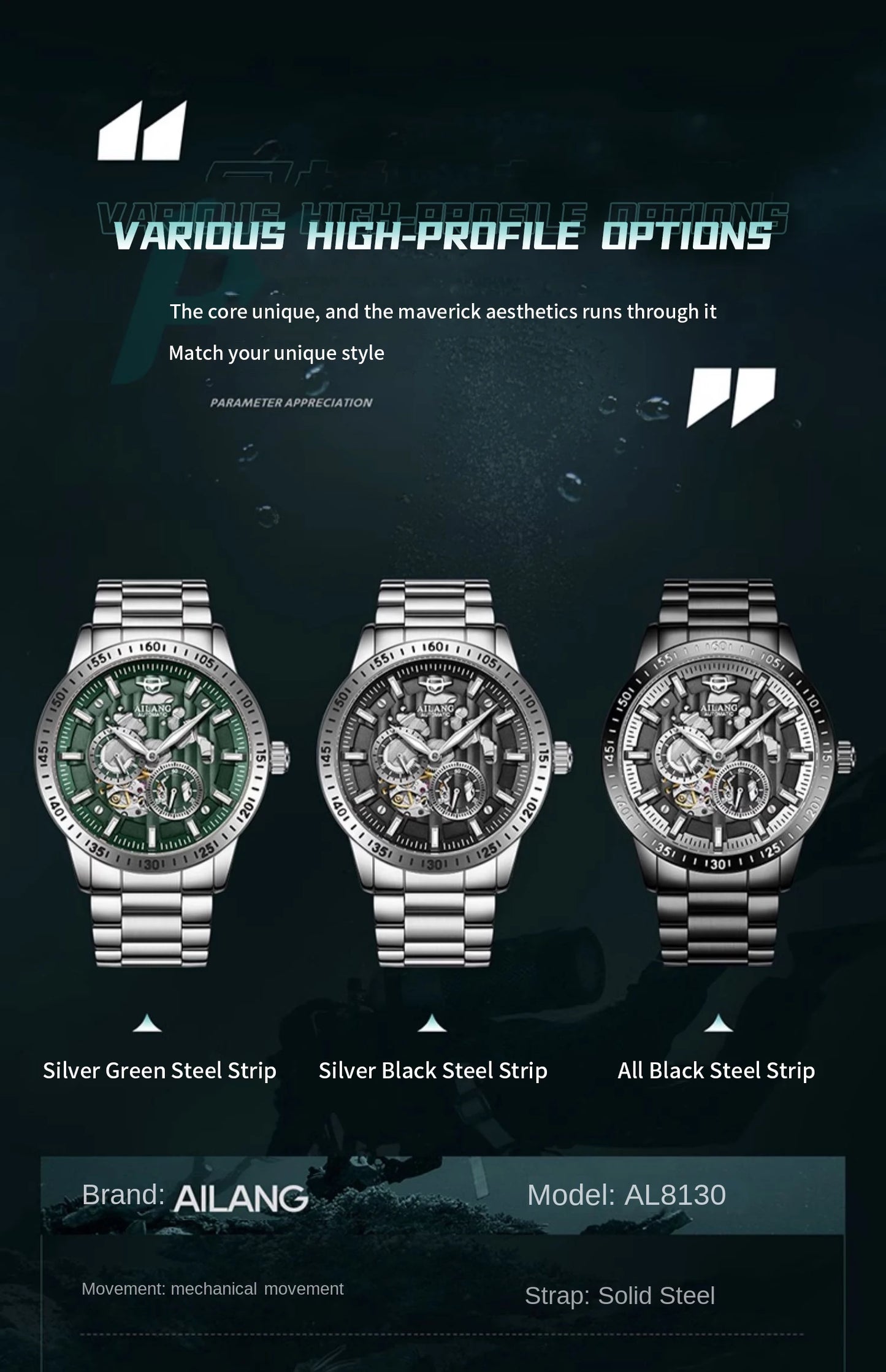 AiLang automatic mechanical watch back hollow out men high-end fashion multifunctional calendar glow-in-the-dark waterproof