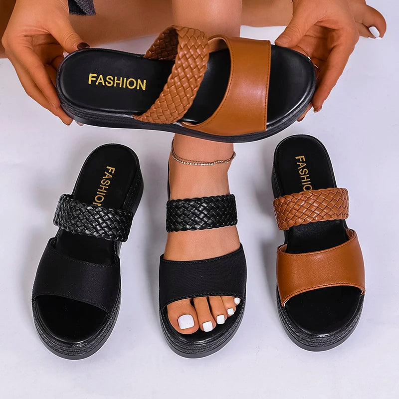 Women's Brown Woven Platform Sandals Non Slip Thick Sole Outdoor Slippers Woman Plus Size 43 Wedge Heels Summer Shoes Footwear