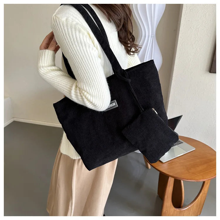 Ladies' handbag, corduroy ladies' shoulder bag, daily commuting tote bag, shoulder bag with small bag