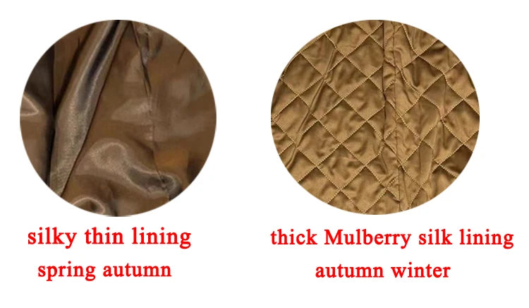 Luxury High-end Kid Suede Leather Jacket for Women Winter Pockets Slimming Coat Filled With Mulberry Silk Deep Coffee Warm Veste
