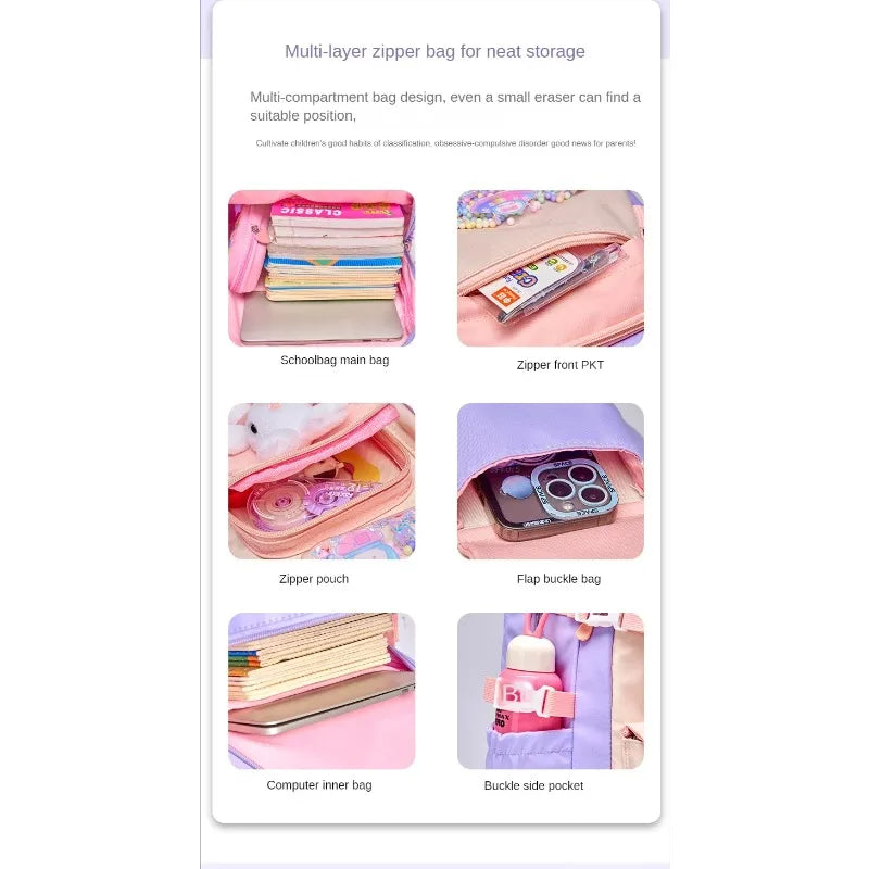 School Bag Oxford Cloth Polyester Waterproof Cute Cartoon Backpack Girls Spine Protection Rucksack Daily Campus Commuting Bag